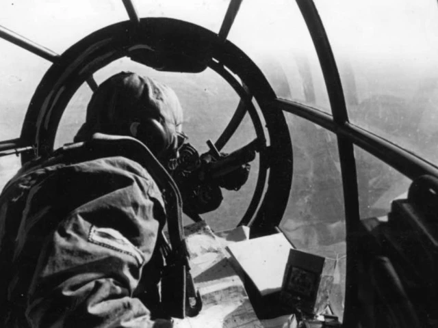 Heinkel III bomb aimer lining up for attack on Jersey